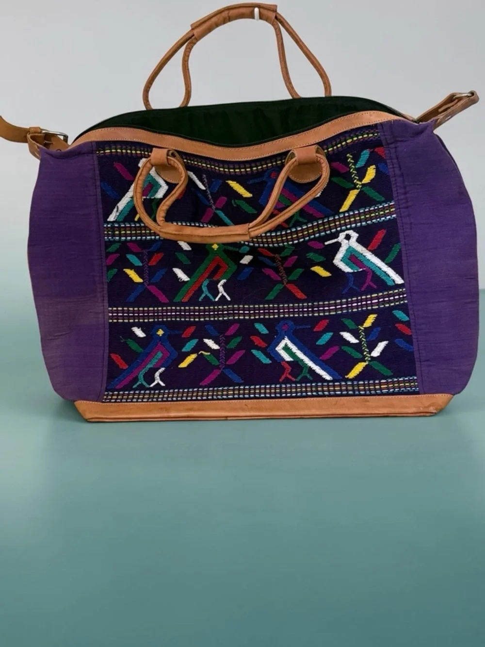 Purple Hand Embroidered Tote with Tan Leather Trim and Multicolor Pattern